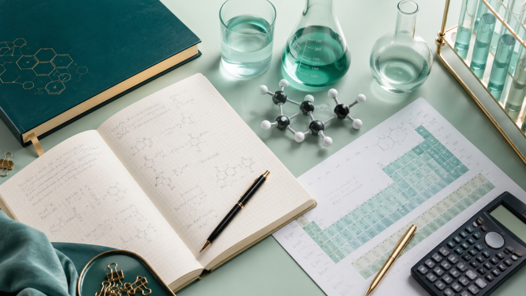 Teal and mint chemistry study workspace with an open notebook, books, scientific notes, and gold-accented details.